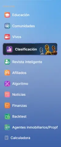 Menú de la plataforma de Élite del Trading.